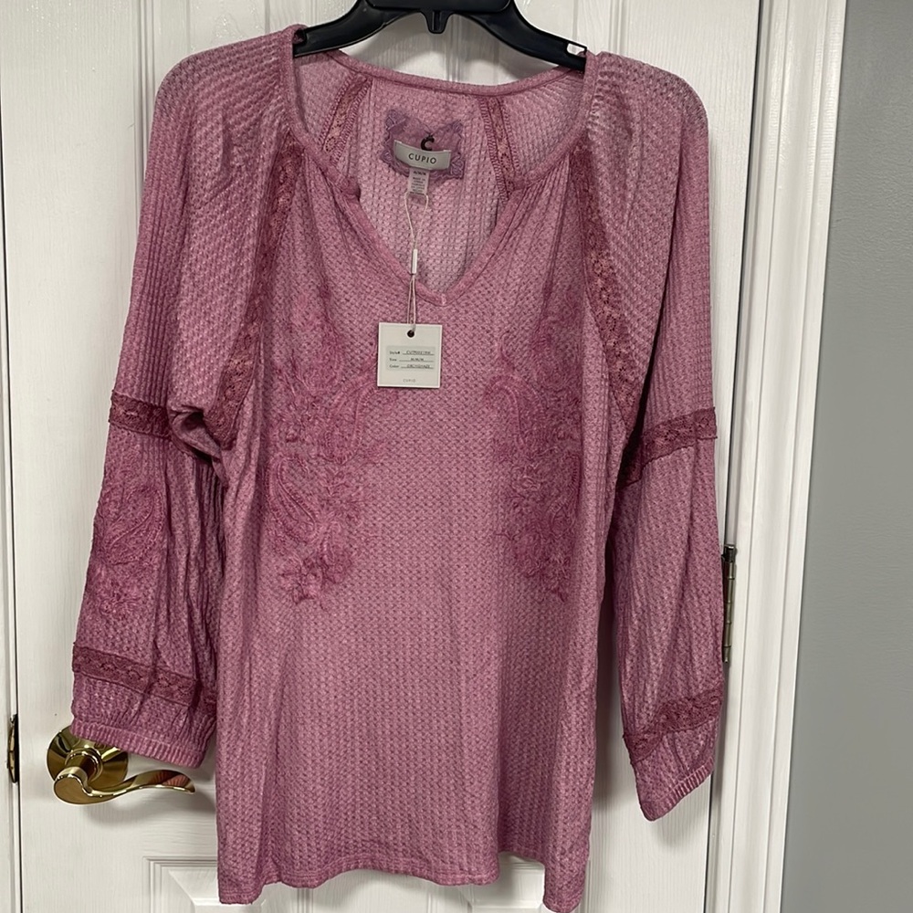 Cupio women's medium orchid haze pink long sleeve v neck peasant style blouse